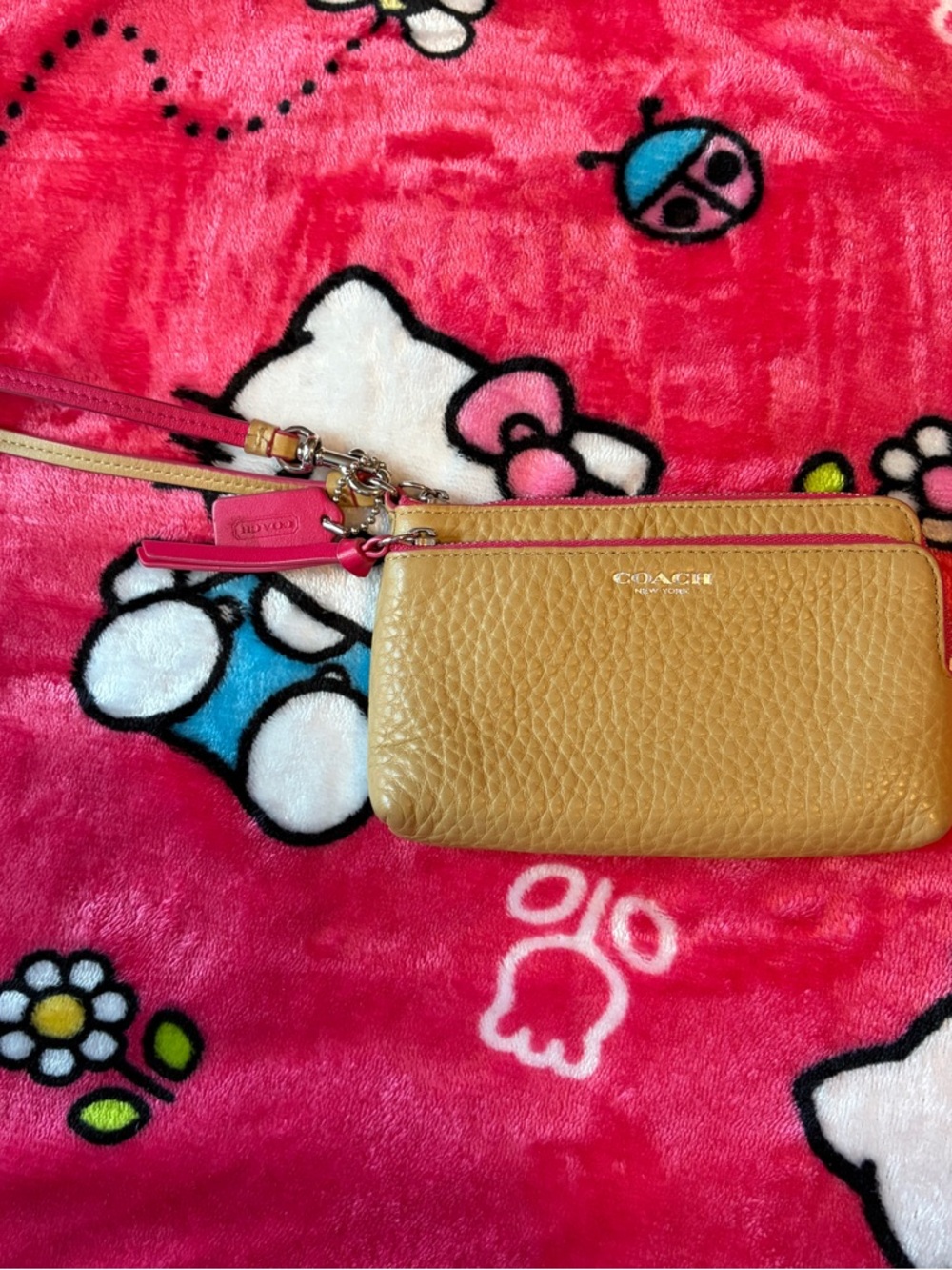 Coach Mustard Yellow Pebbled Leather Double Wristlet with Pink Trim